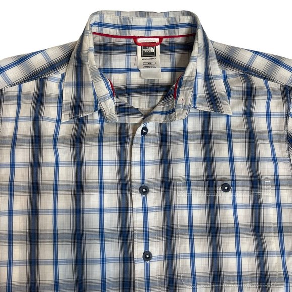 The North Face Short Sleeve Button Down Plaid Blue Shirt Medium - Picture 1 of 7